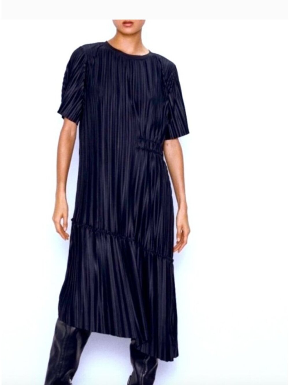 NWT ZARA Black Asymmetrical Accordion Pleated Midi Dress  Size Medium